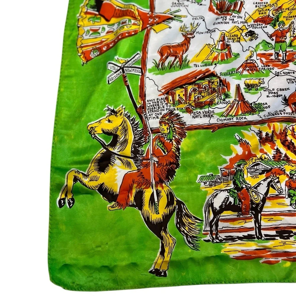 Vintage Colorful Colorado Centennial Souvenir Silk Scarf Picture Map Green